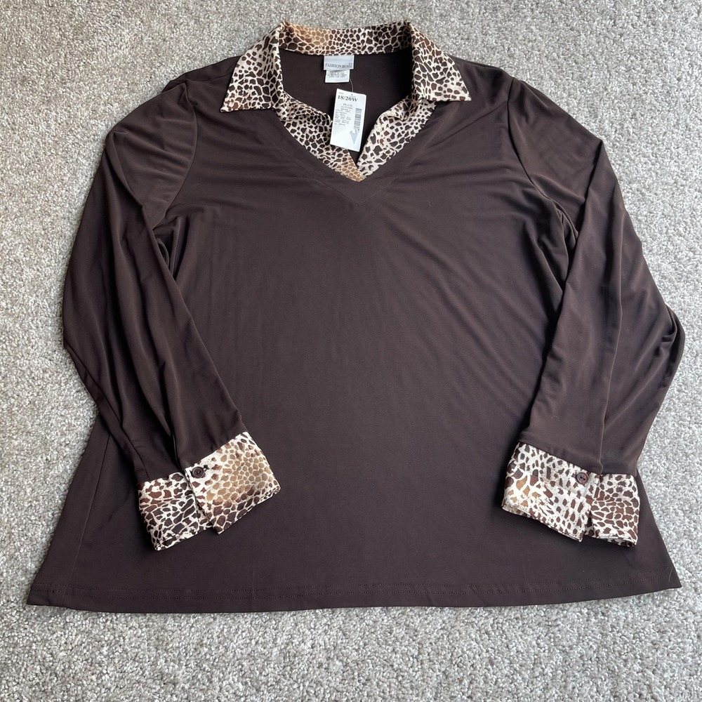 Fashion Bug Blouse Womens 18W Brown Animal Print Collar Cuff Long Sleeve Top